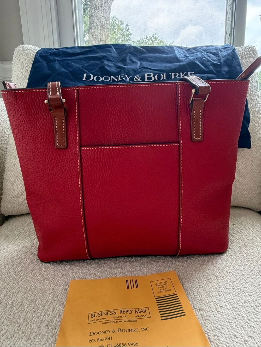 Dooley & Bourke Red Pebbled Leather Shoulder Tote with Brown Trim